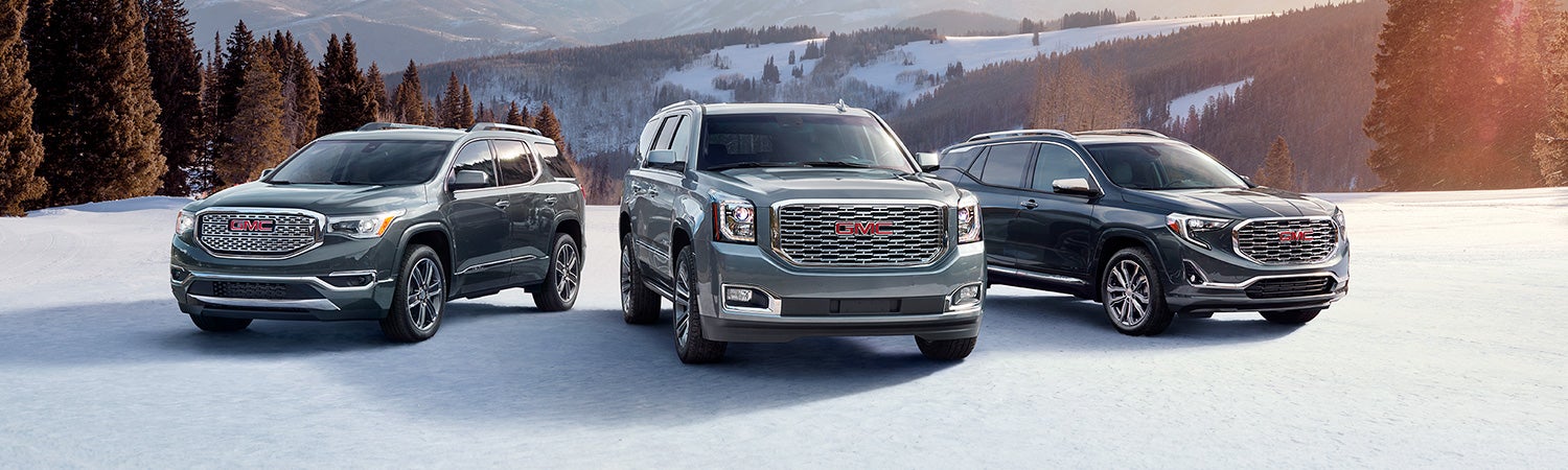 GMC Denali Vehicle lineup in snow covered wilderness